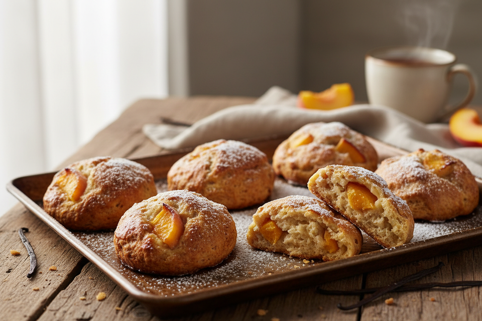 Peach vanilla sourdough discard scones on a baking sheet