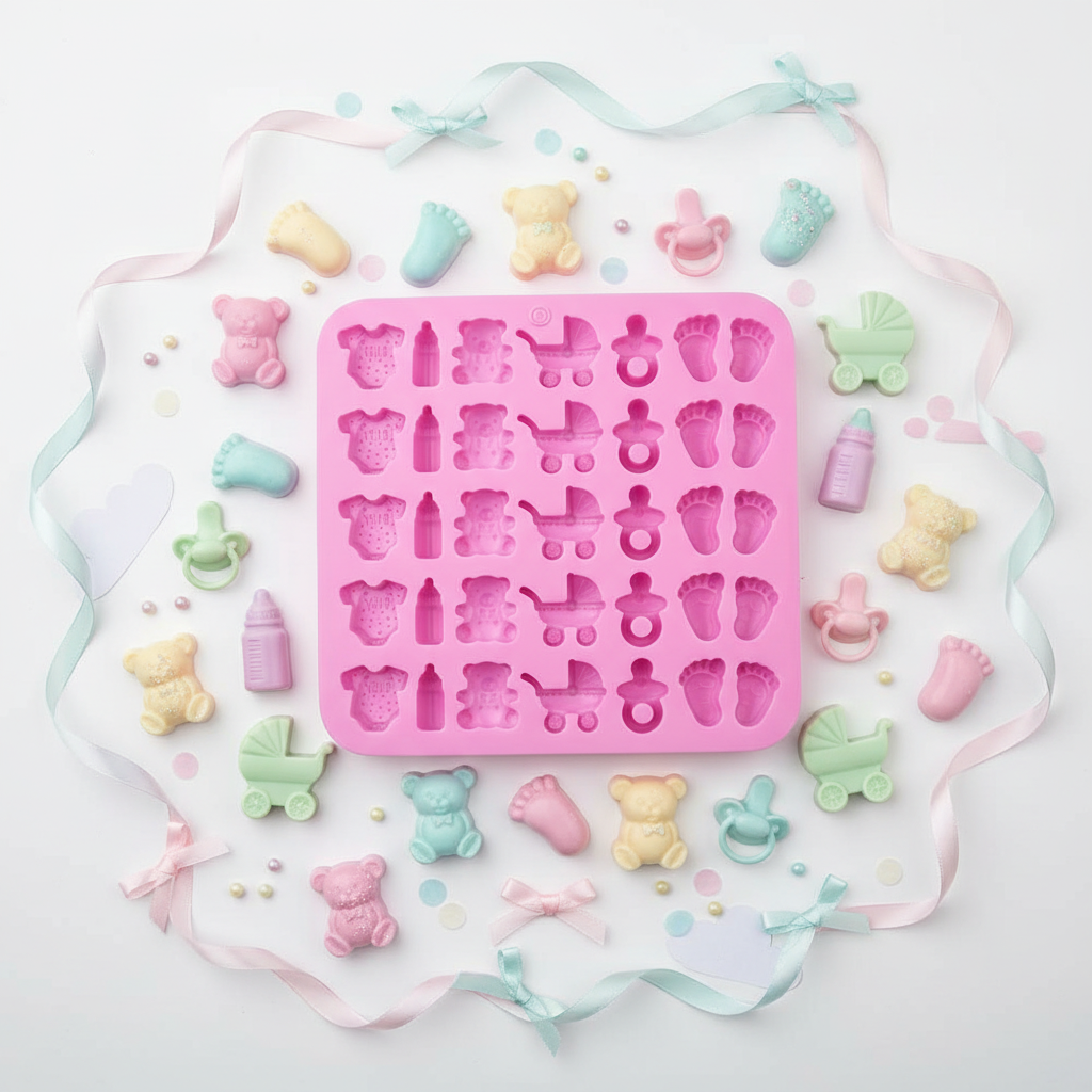 Flat lay with baby shower styling