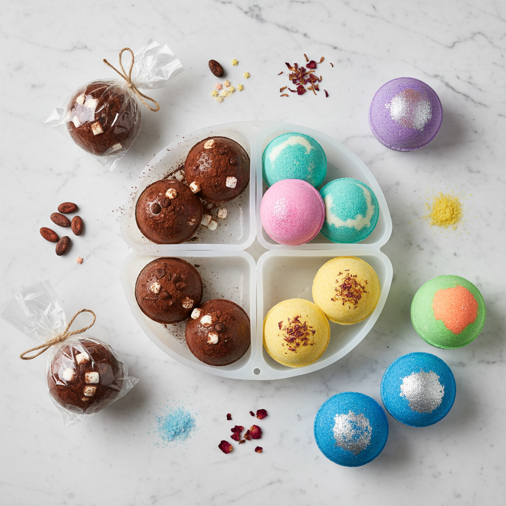 Mold with hot chocolate and bath bombs